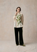 White Silk Blouse with Green Phoenix Embroidery
