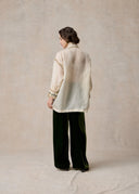 White Silk Blouse with Green Phoenix Embroidery