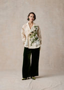 White Silk Blouse with Green Phoenix Embroidery