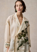 White Silk Blouse with Green Phoenix Embroidery