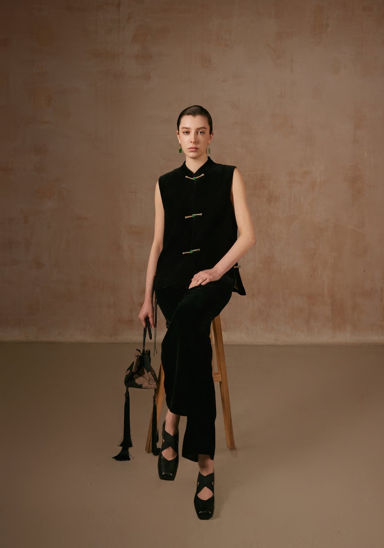 Black Velvet Vest with Green Button Details