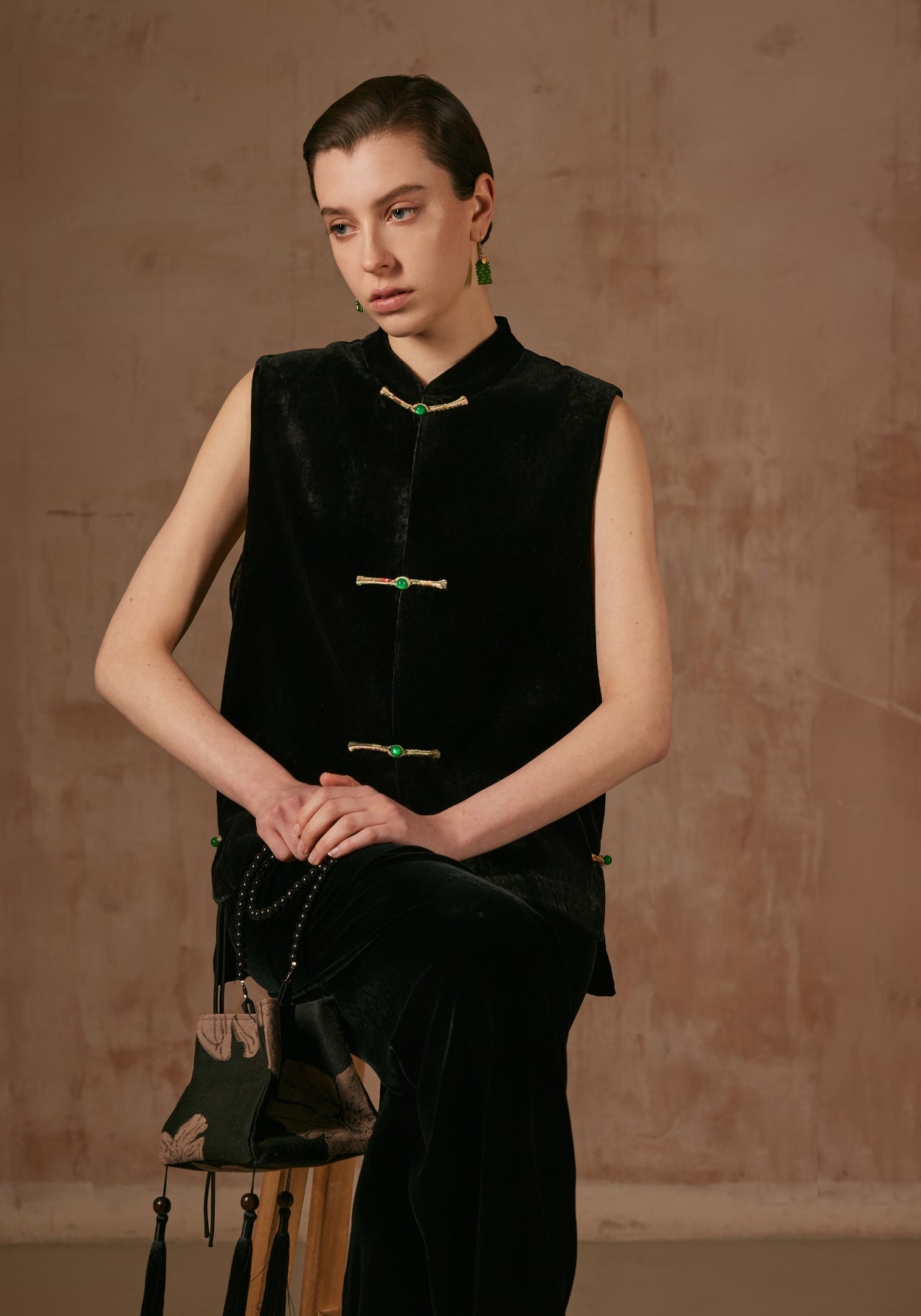 Black Velvet Vest with Green Button Details