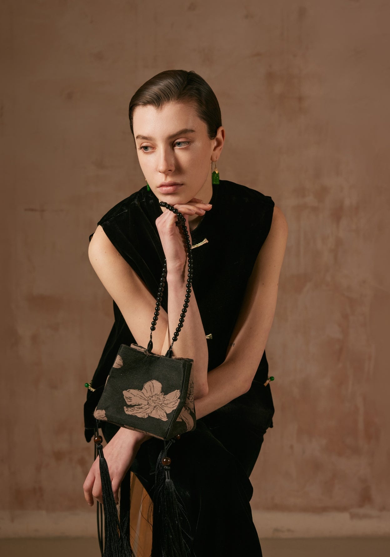Black Velvet Vest with Green Button Details