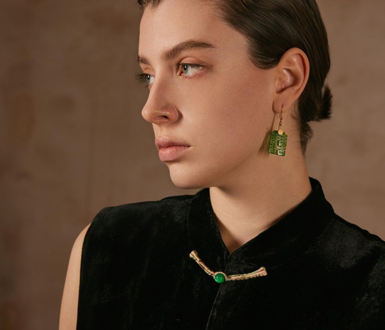 Black Velvet Vest with Green Button Details