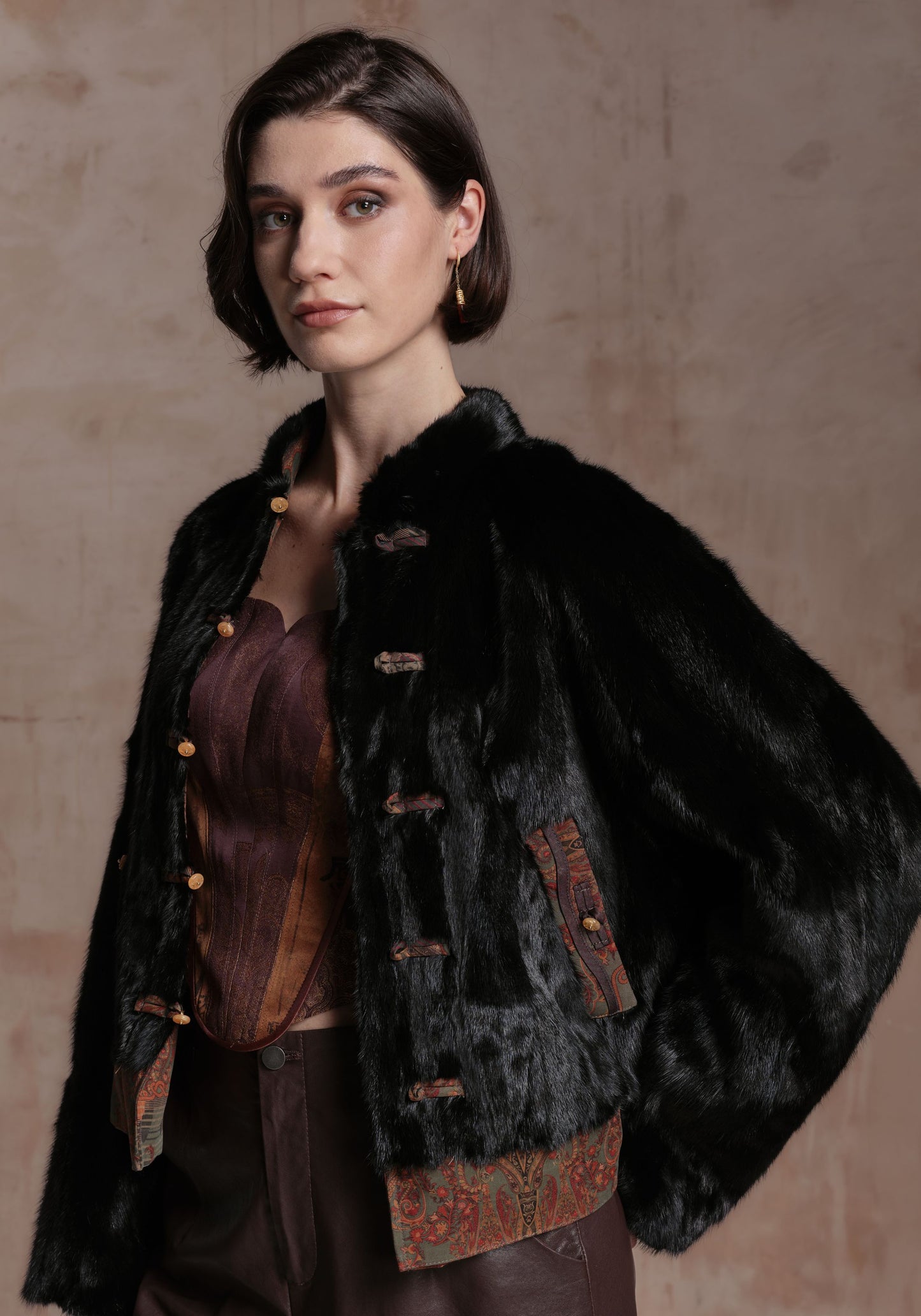 Double-sided Brown Pattern Jacket with Chinese Buttons