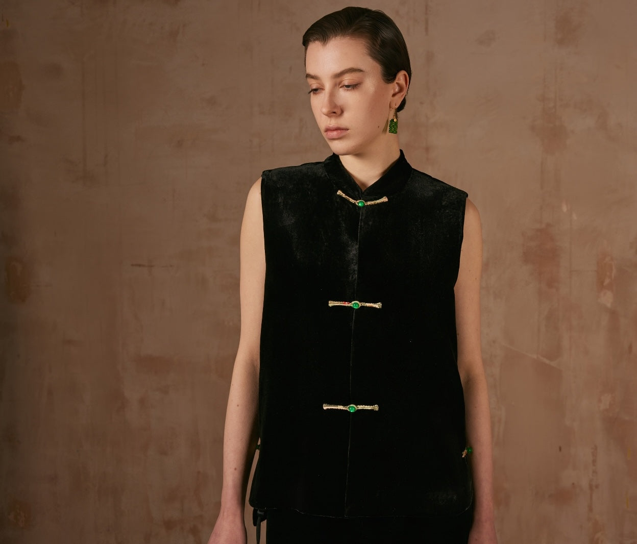 Black Velvet Vest with Green Button Details