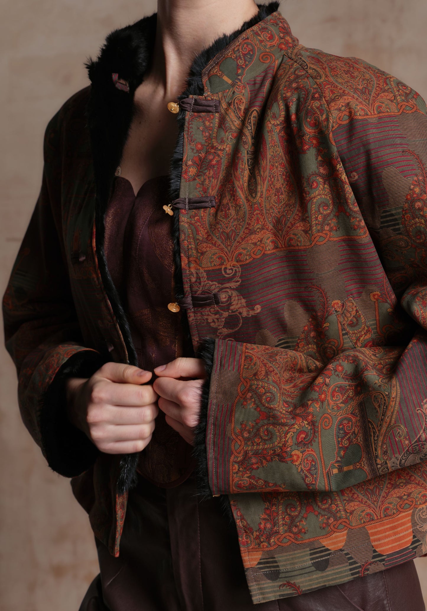 Double-sided Brown Pattern Jacket with Chinese Buttons