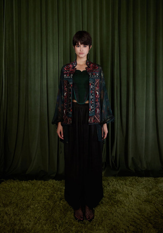 Green Silk Embroidery Collar Shirt