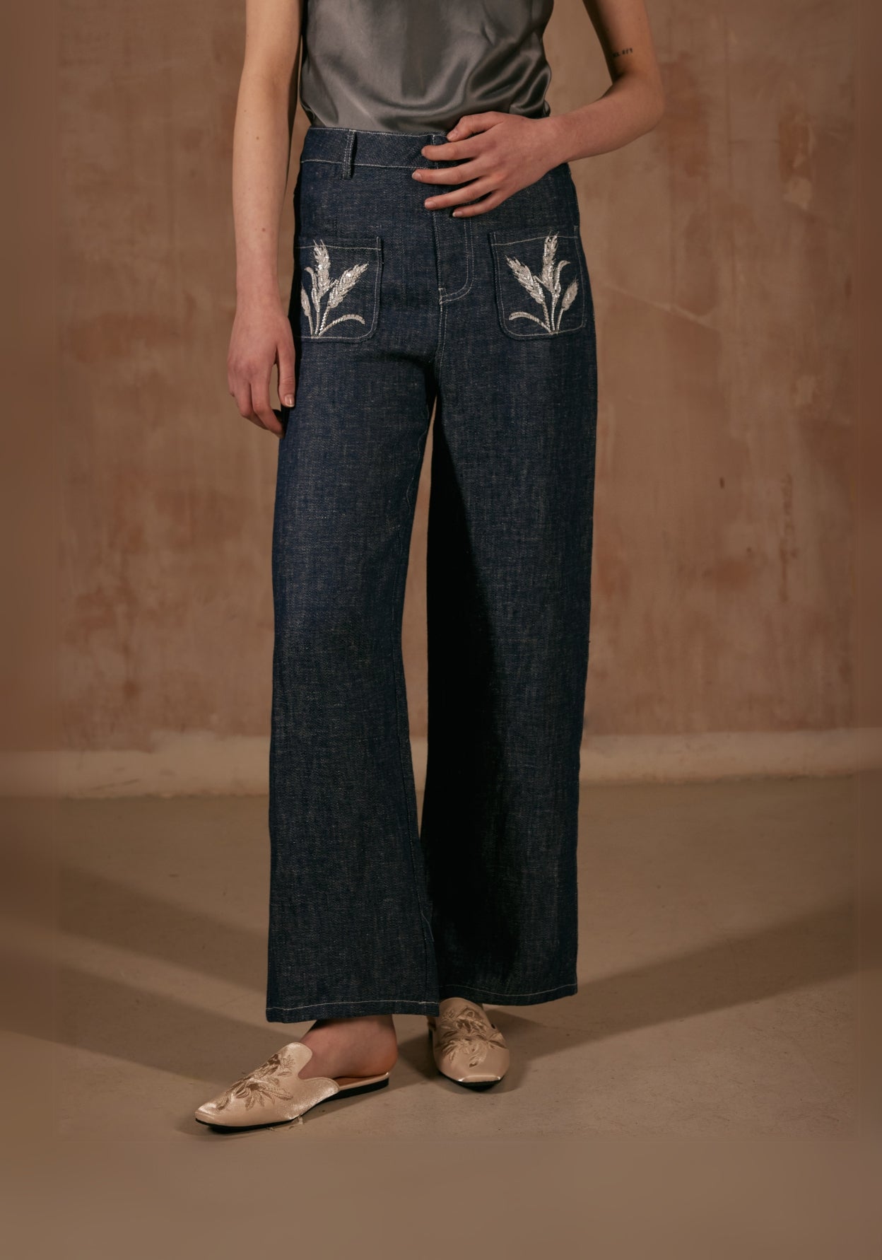 Straight Trousers with Bamboo Hand Embroidery