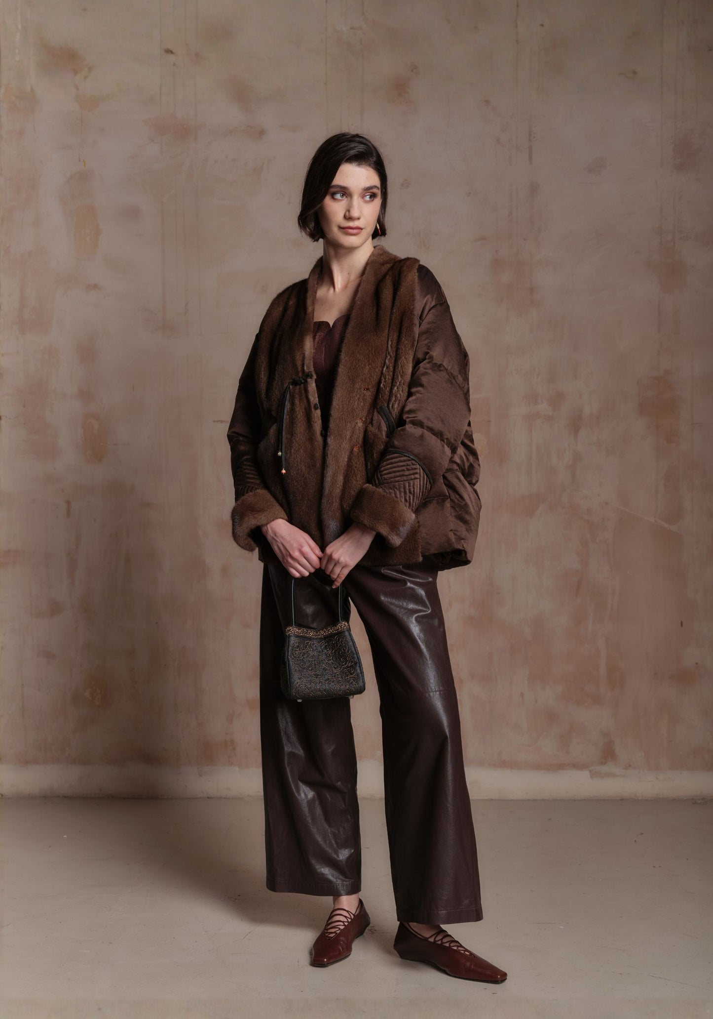 Brown Fur Puffer Jacket with Chinese Button Details