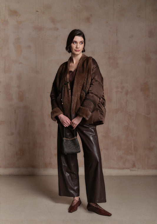 Brown Fur Puffer Jacket with Chinese Button Details