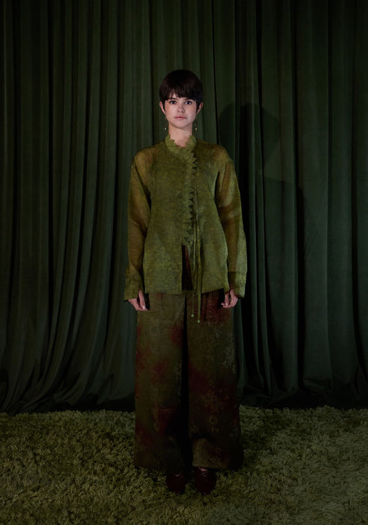 Green Silk Shirt with Lace Collar