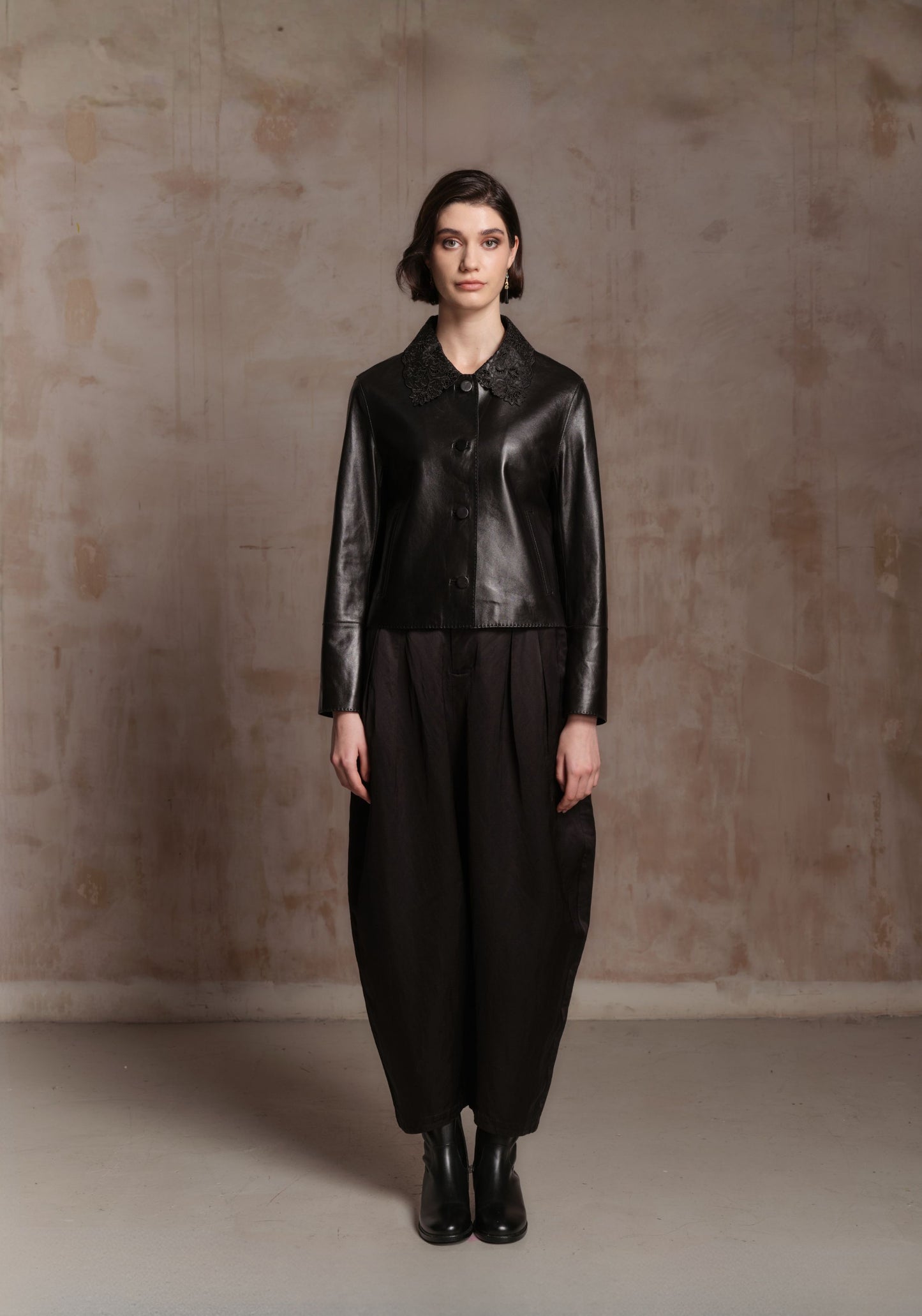 Black Leather Jacket with Detachable Collar