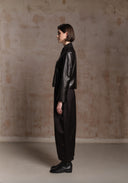 Black Leather Jacket with Detachable Collar