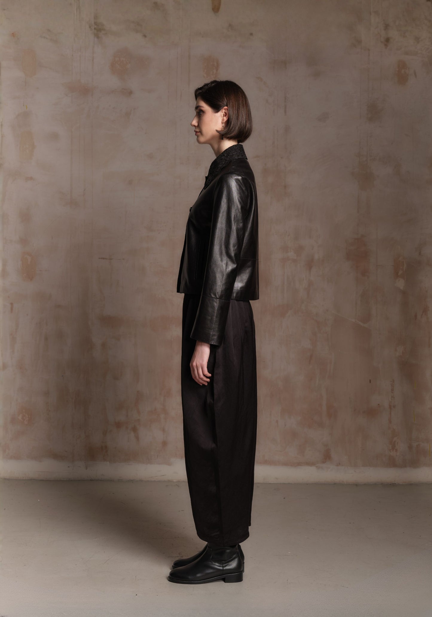 Black Leather Jacket with Detachable Collar