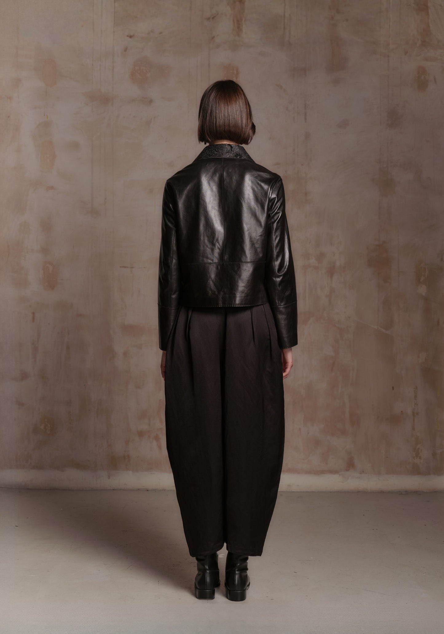 Black Leather Jacket with Detachable Collar