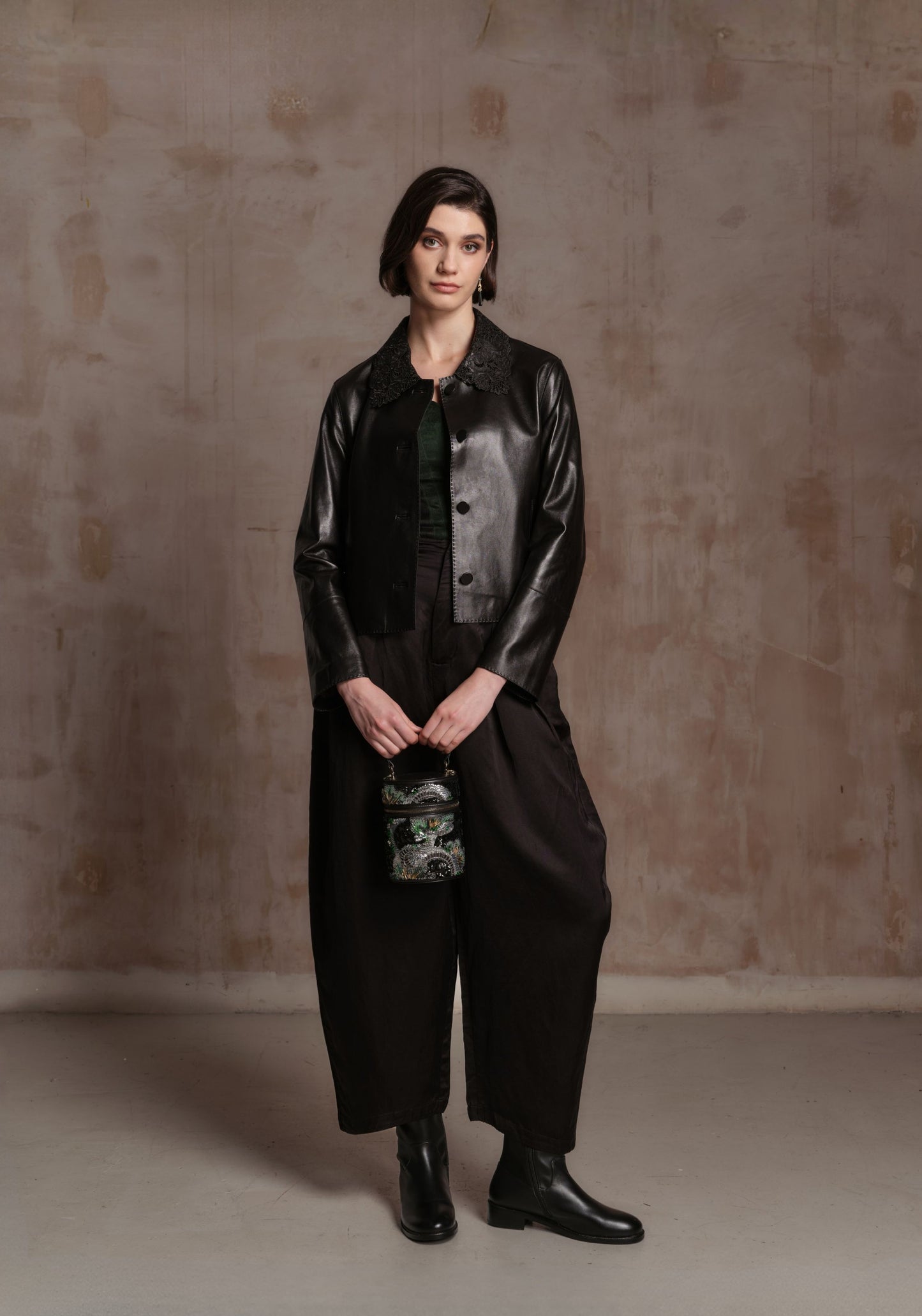 Black Leather Jacket with Detachable Collar