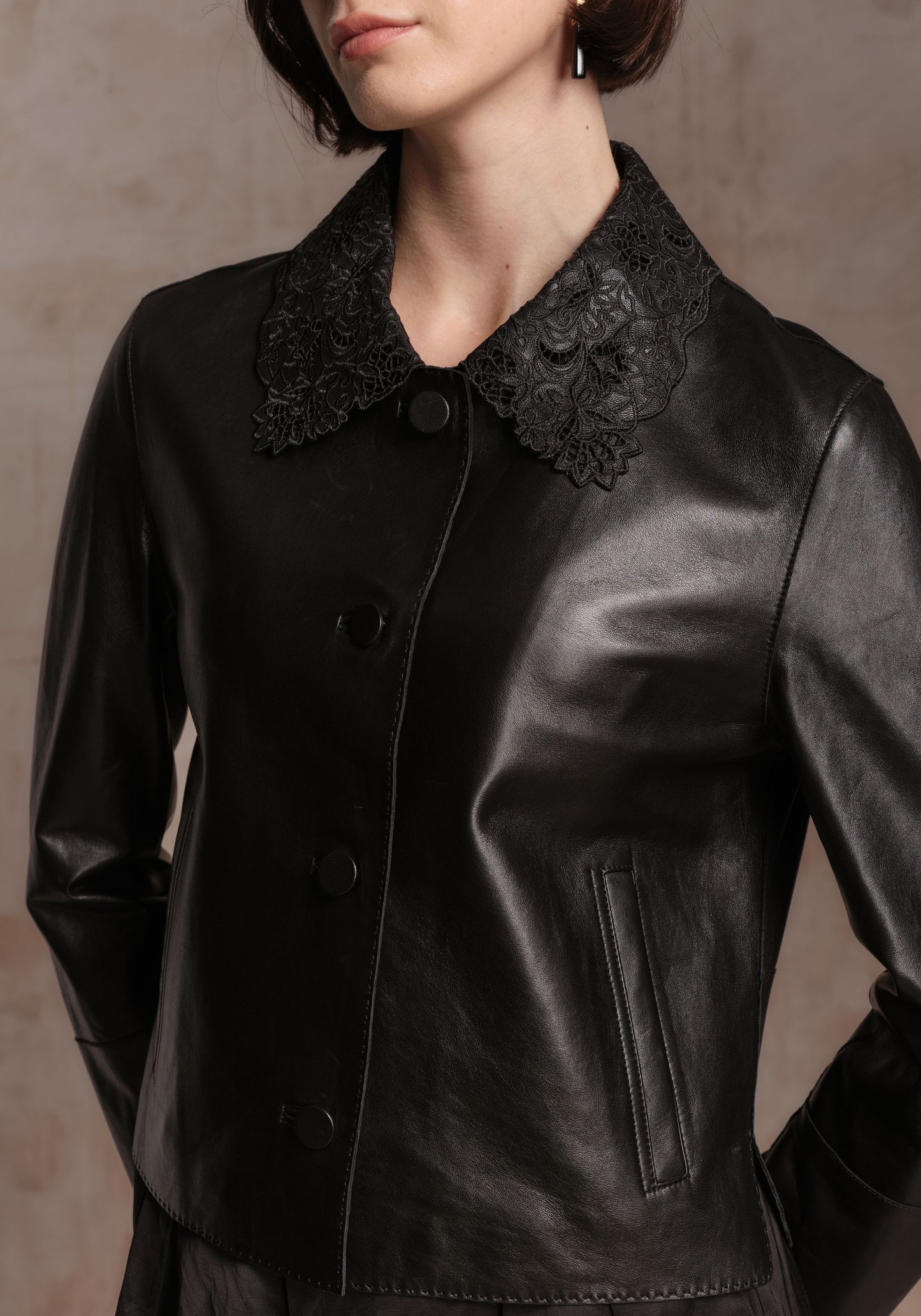 Black Leather Jacket with Detachable Collar