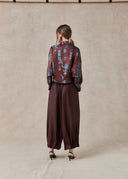 Burgundy & Blue Floral Silk Blend Cropped Jacket