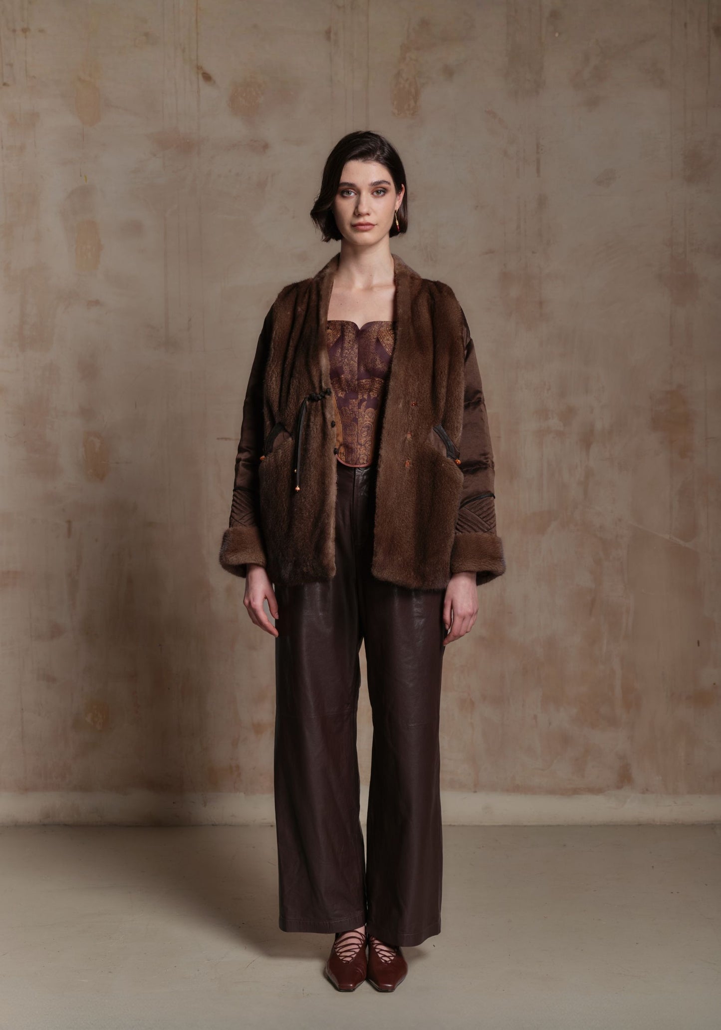 Brown Fur Puffer Jacket with Chinese Button Details