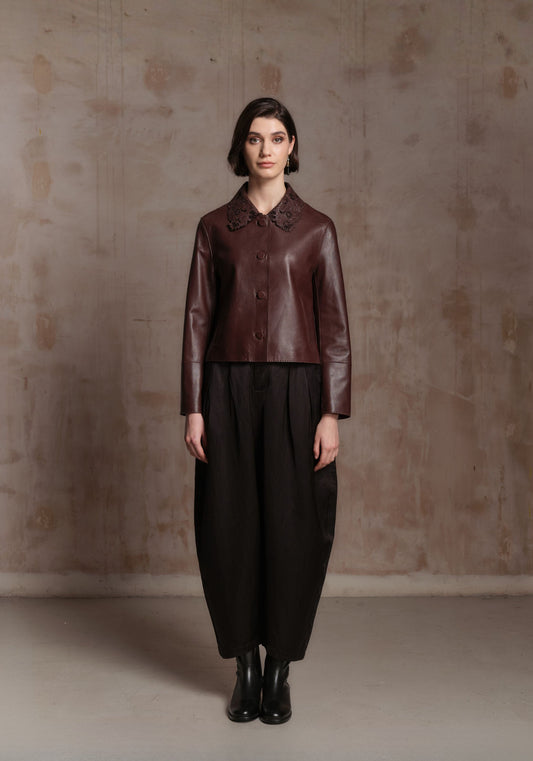 Brown Leather Jacket with Detachable Collar