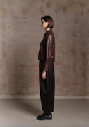 Brown Leather Jacket with Detachable Collar