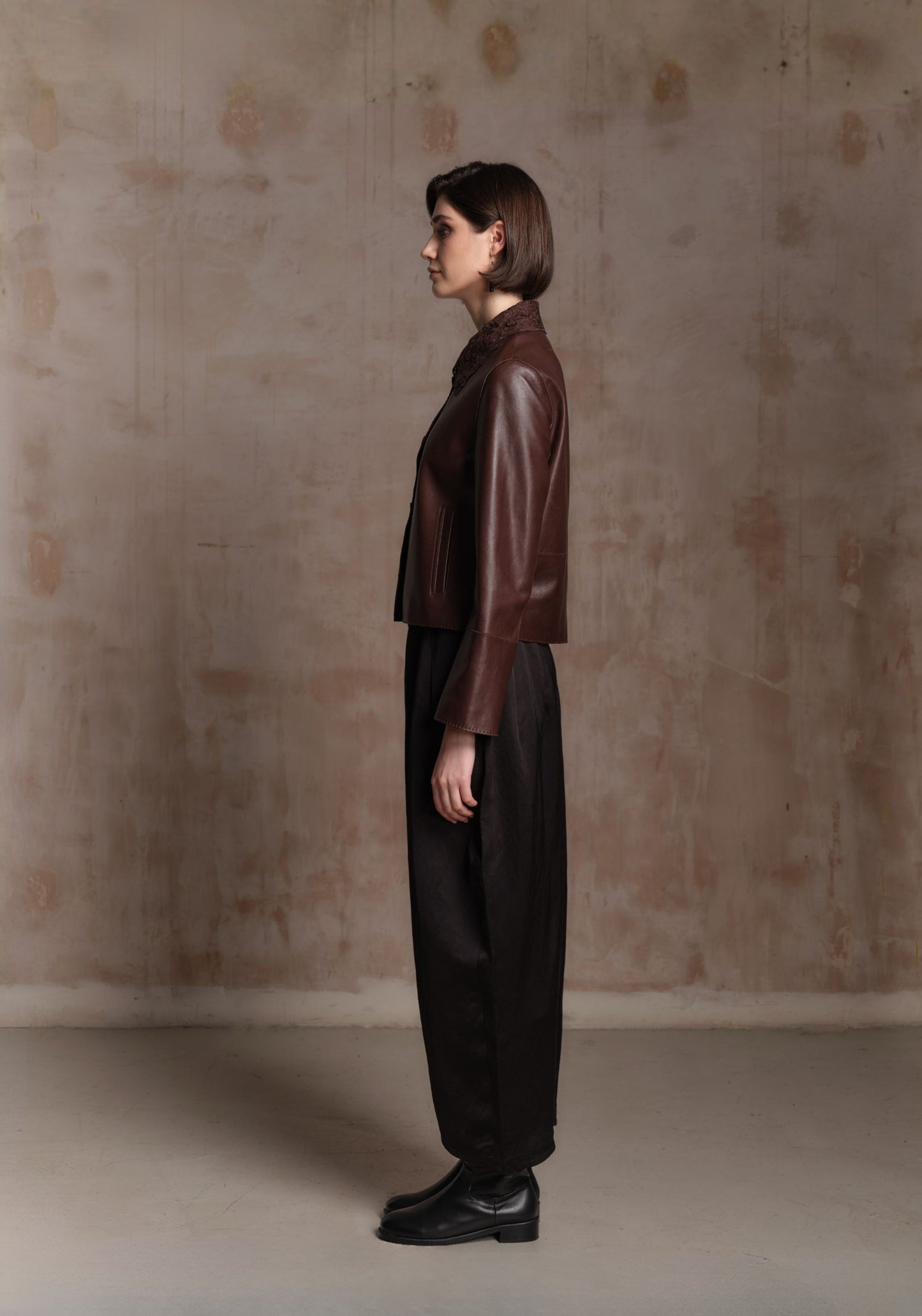Brown Leather Jacket with Detachable Collar