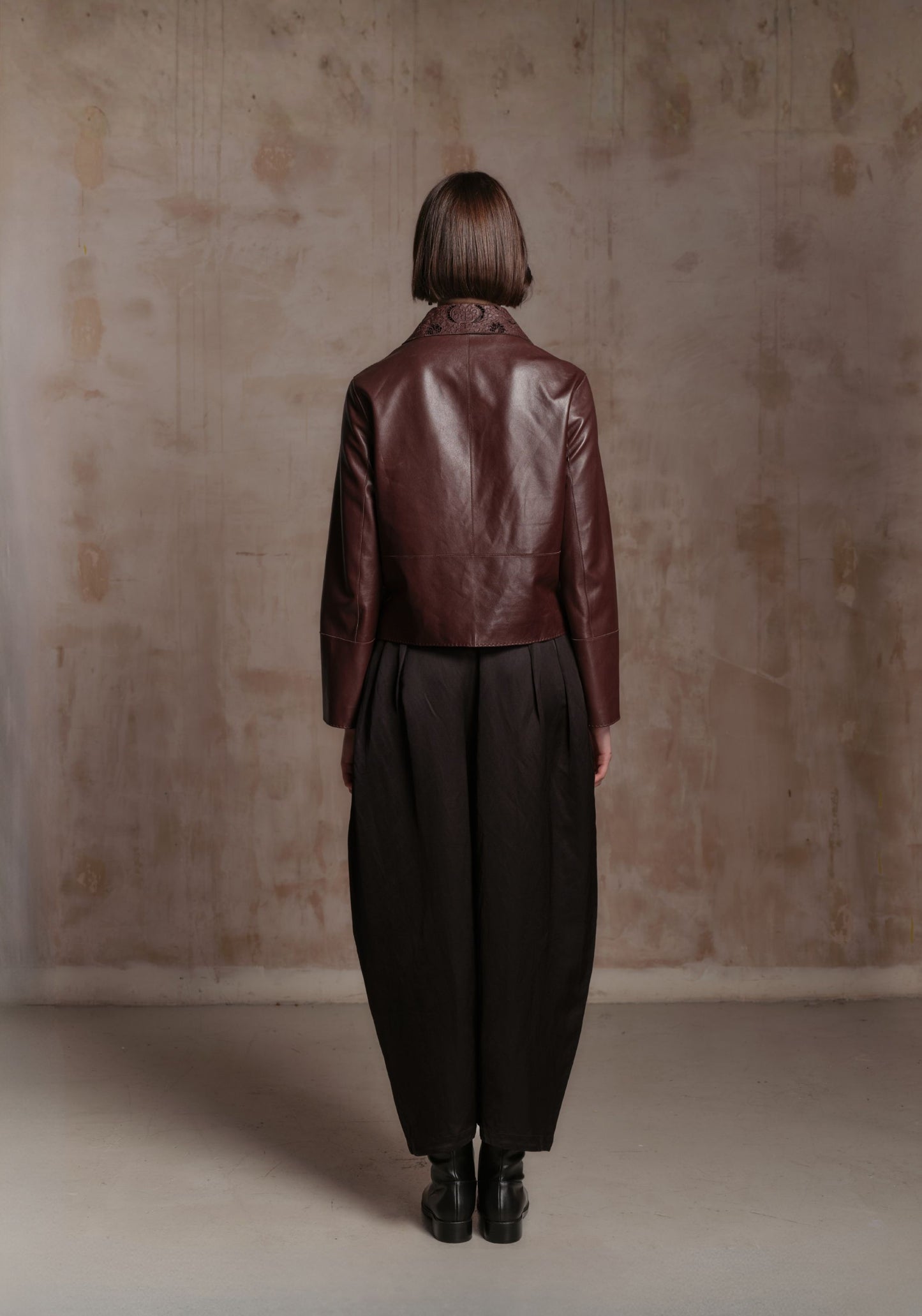 Brown Leather Jacket with Detachable Collar