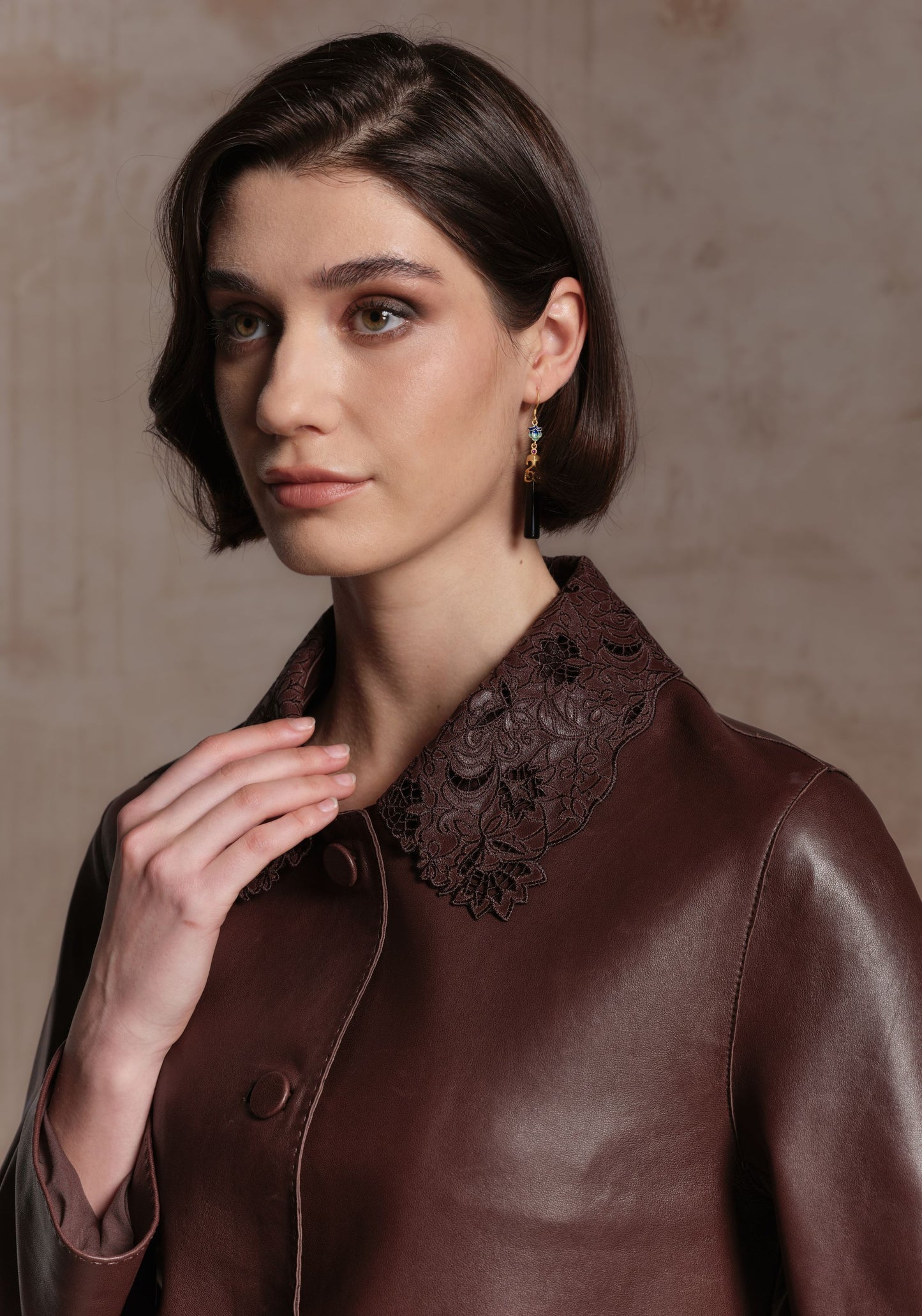 Brown Leather Jacket with Detachable Collar