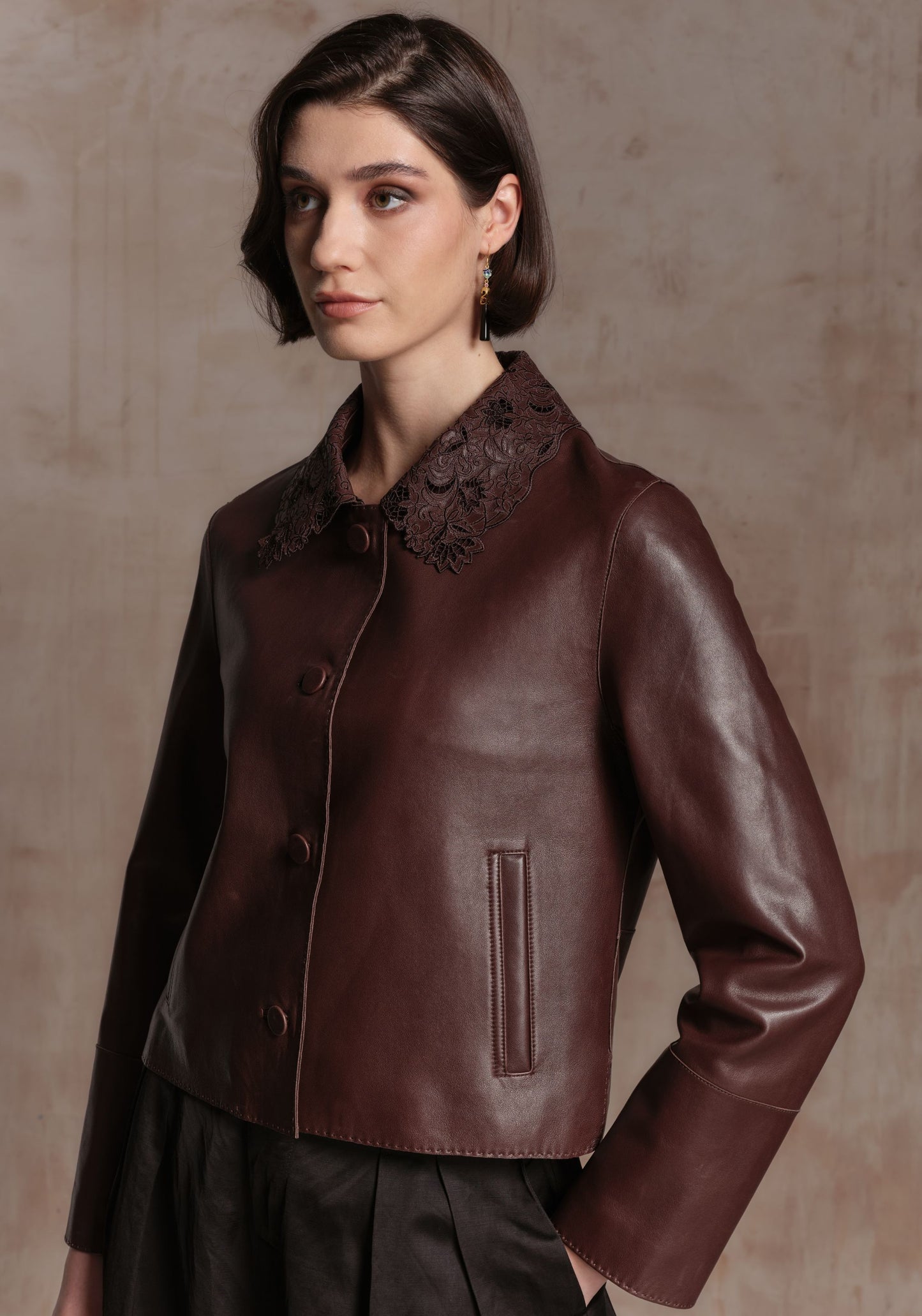 Brown Leather Jacket with Detachable Collar