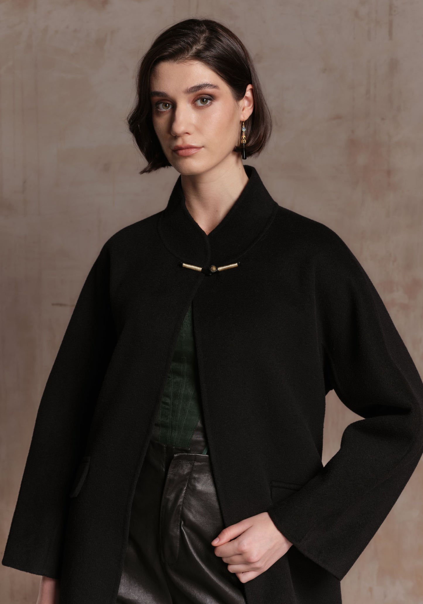 Black Cashmere Coat with Chinese Button