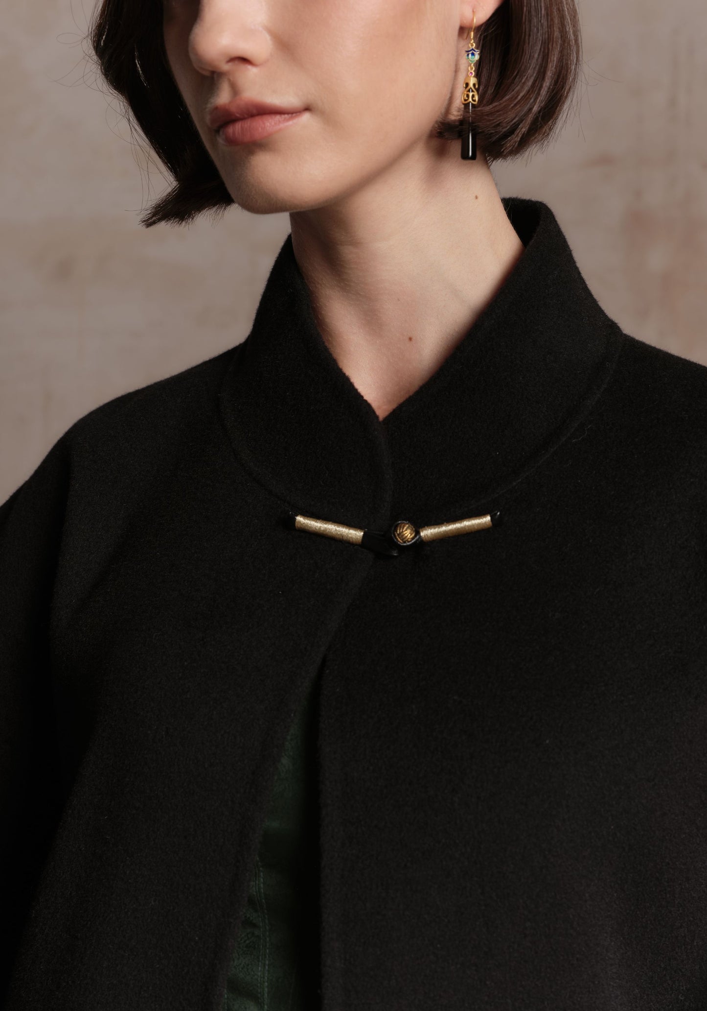 Black Cashmere Coat with Chinese Button