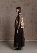 Beige Vest with Black Beadings and Ribbon on the Side