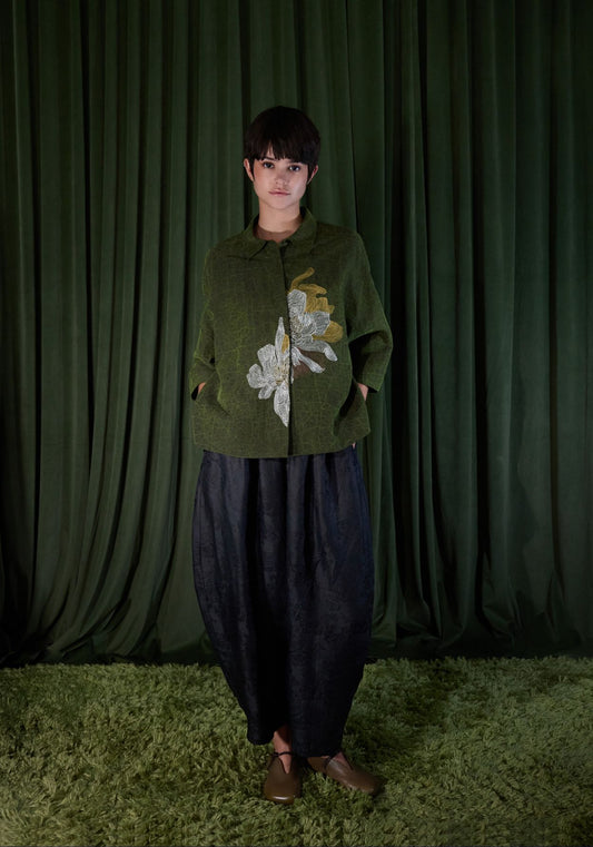 Green Silk Shirt with Gold Embroidery