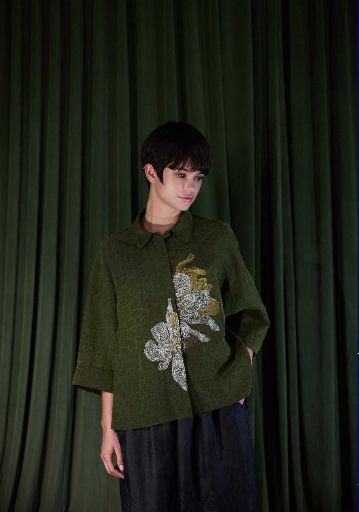 Green Silk Shirt with Gold Embroidery