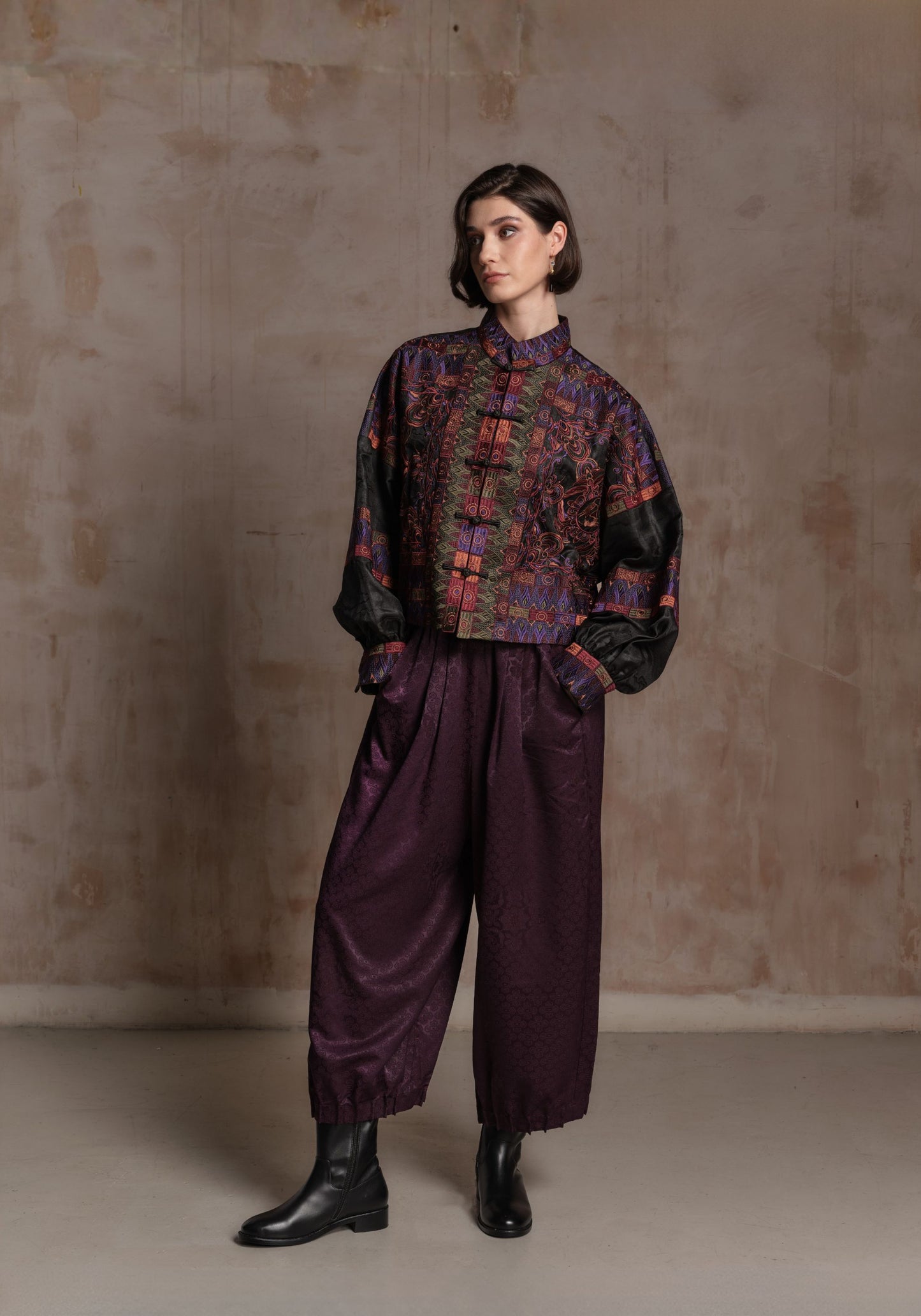 Purple Mud-Dyed Silk Jacket with Embroidery