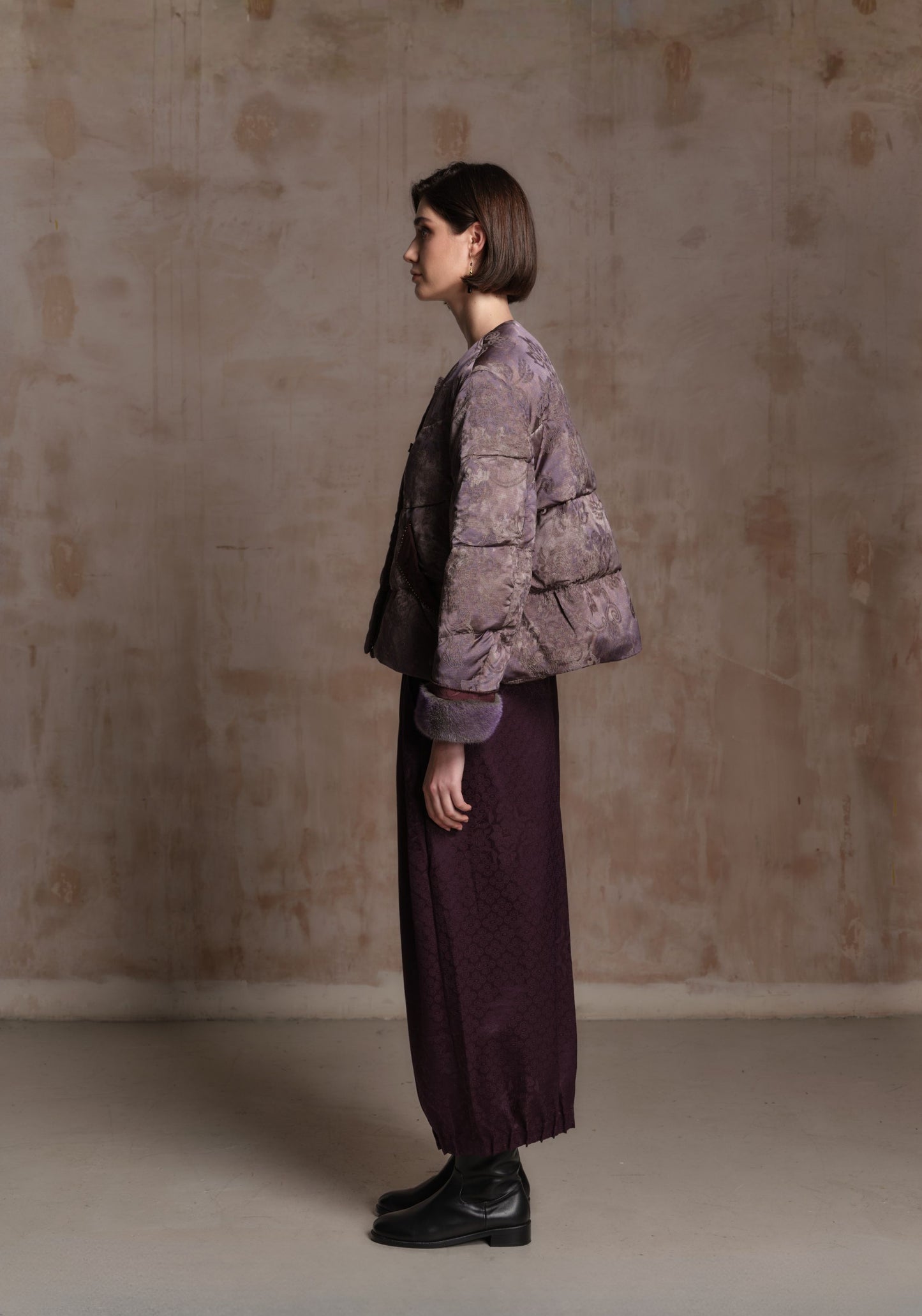 Purple Puffer Jacket with Fur Details