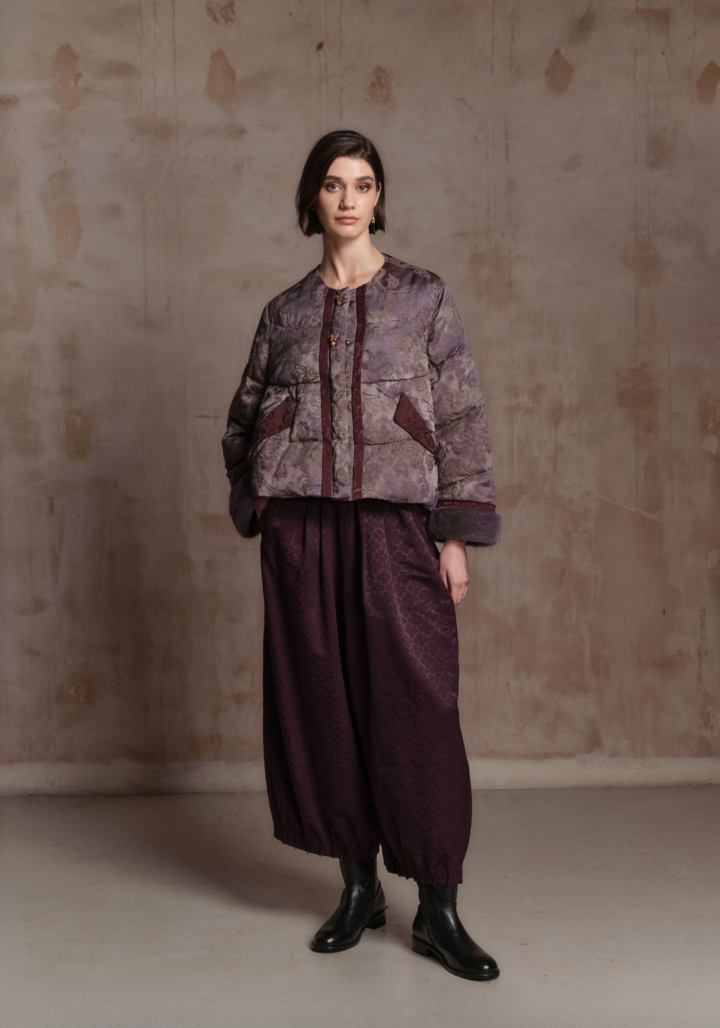 Purple Puffer Jacket with Fur Details