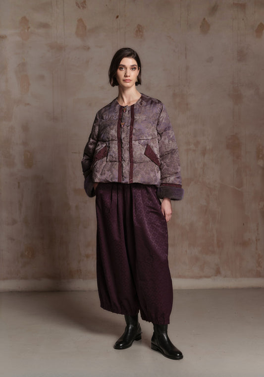 Purple Puffer Jacket with Fur Details