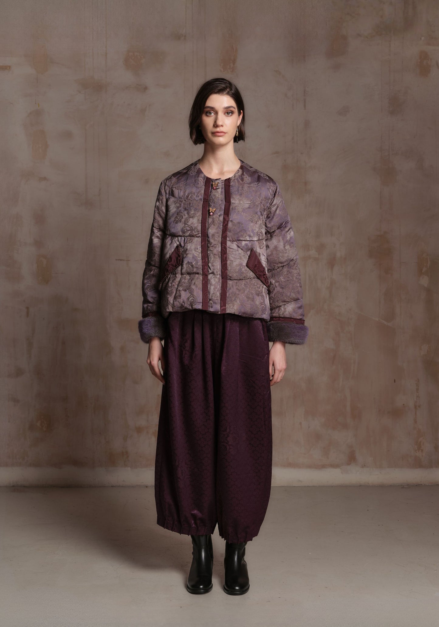 Purple Puffer Jacket with Fur Details