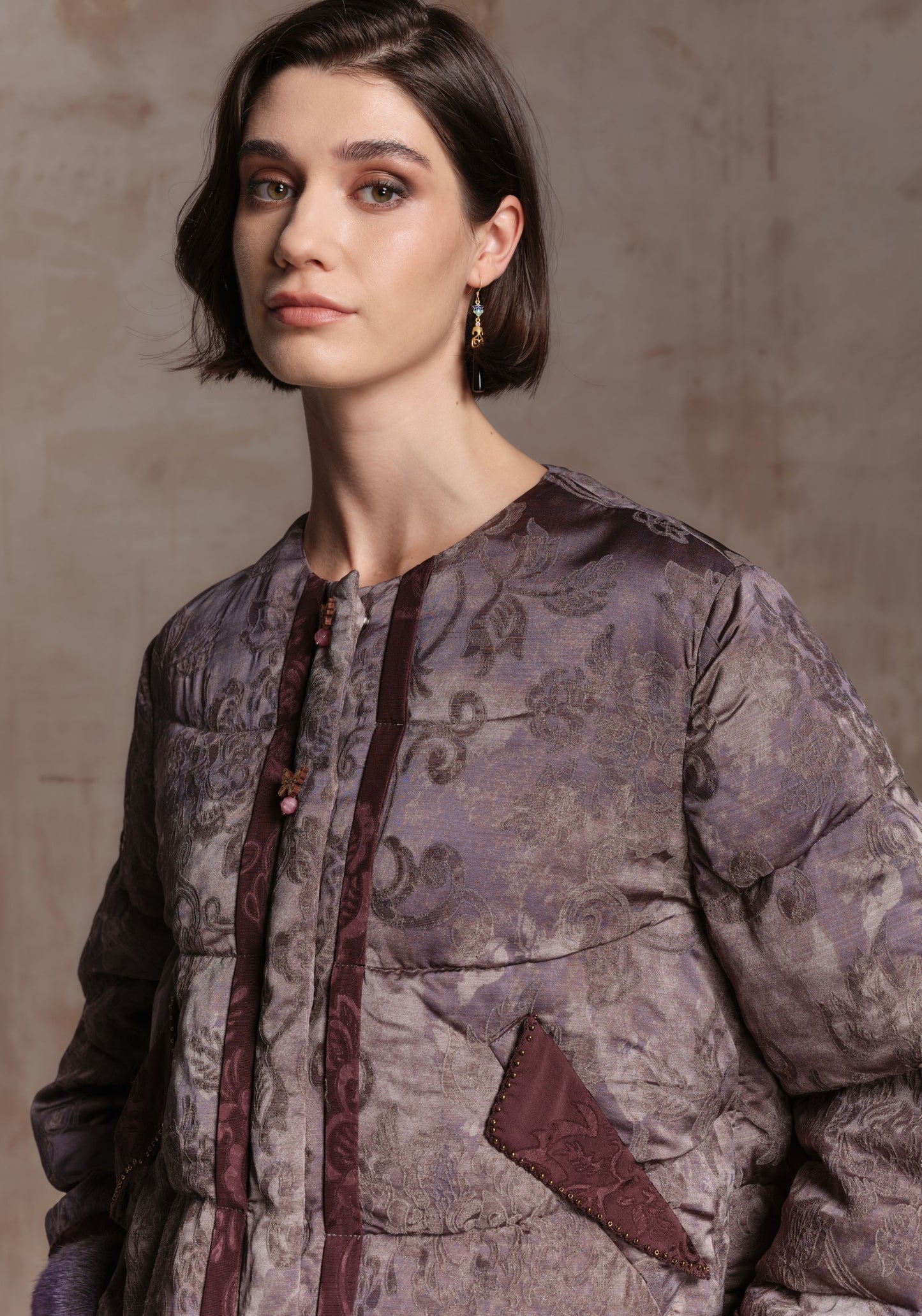 Purple Puffer Jacket with Fur Details