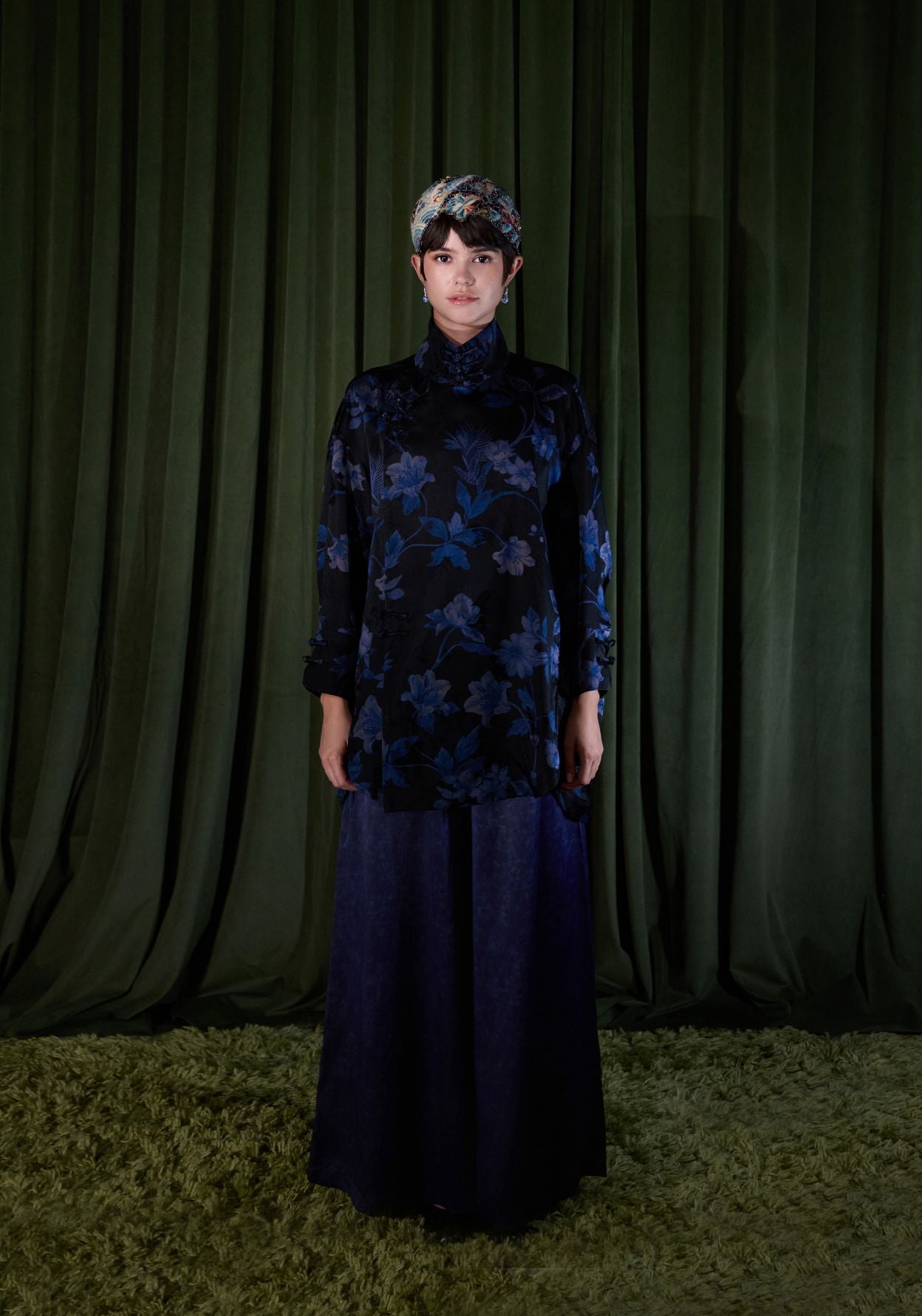 Black Silk Jacket with Blue Pattern