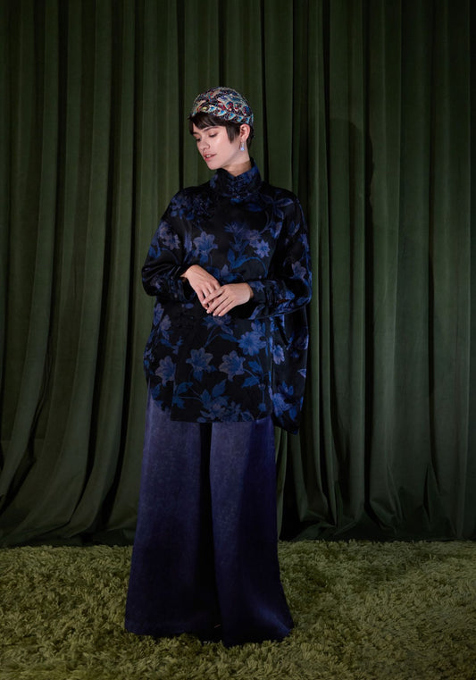 Black Silk Jacket with Blue Pattern
