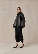 Leather Jacket with Ruffled Collar — Black