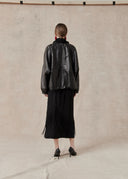 Leather Jacket with Ruffled Collar — Black