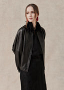 Leather Jacket with Ruffled Collar — Black