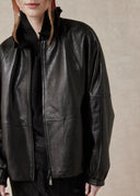Leather Jacket with Ruffled Collar — Black