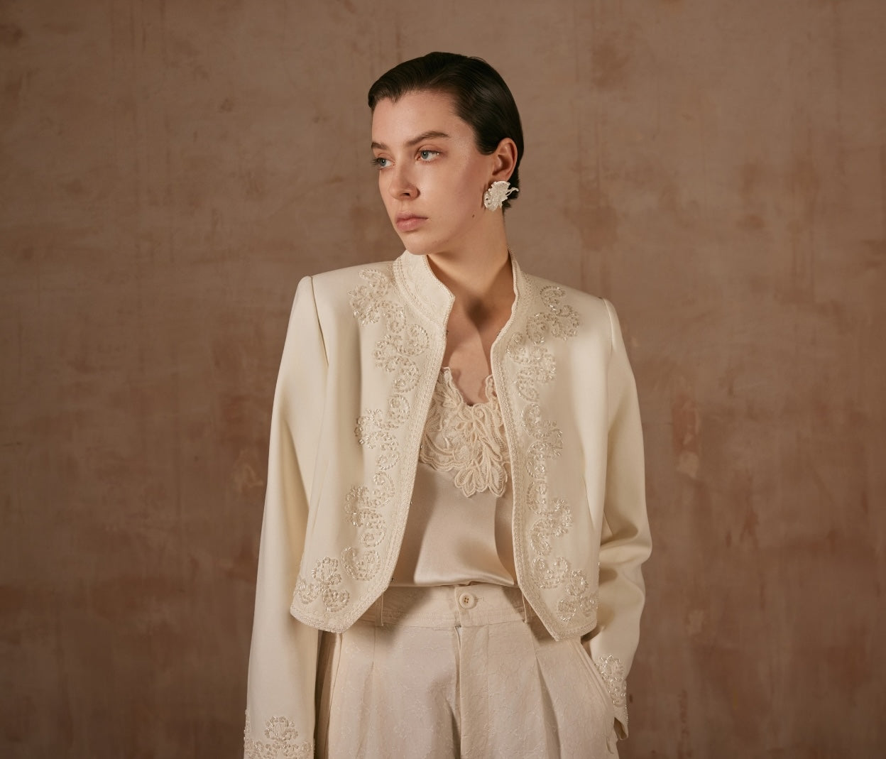 White Crop Jacket with Sequins Details