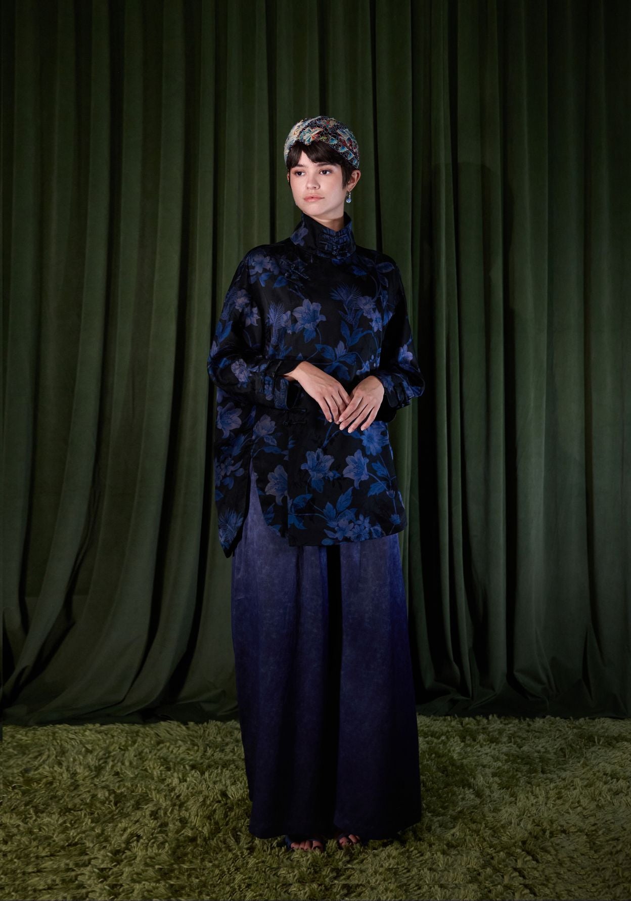 Black Silk Jacket with Blue Pattern