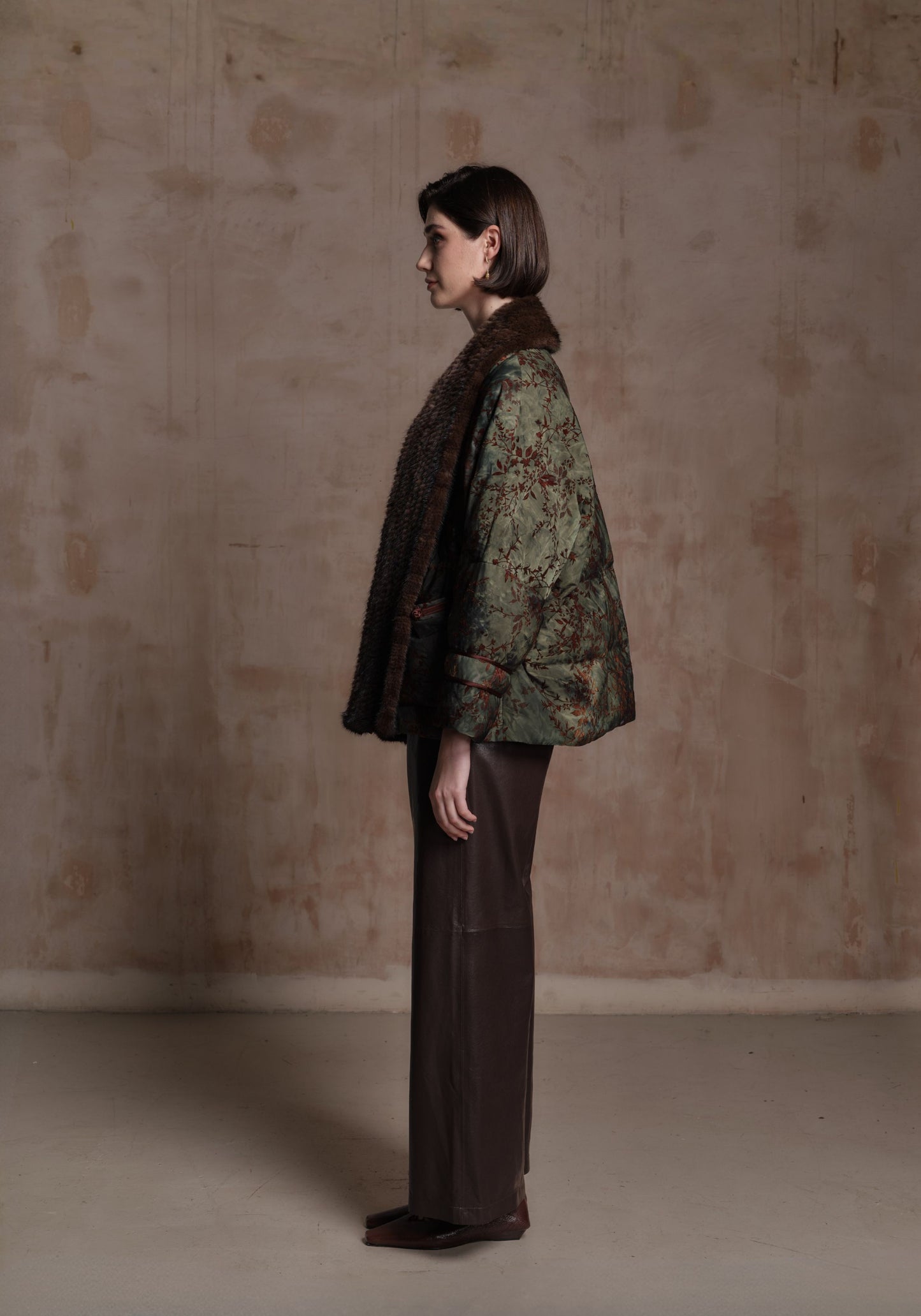 Green Puffer Jacket with Hand-woven Fur Collars